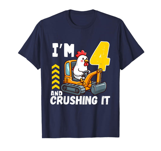 Kids Four 4yr 4th Birthday Construction Boy 4 Years Old Chicken T-Shirt