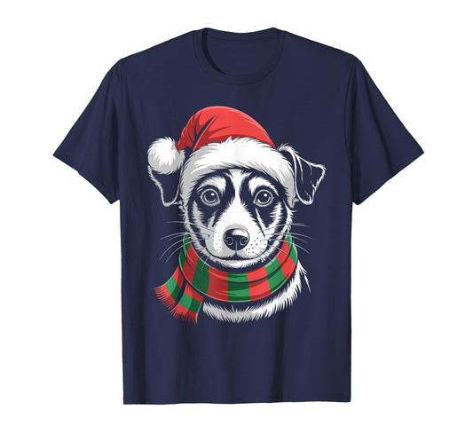 Rat Terrier Dog Xmas Santa Hat Scarf Christmas Costume T-Shirt