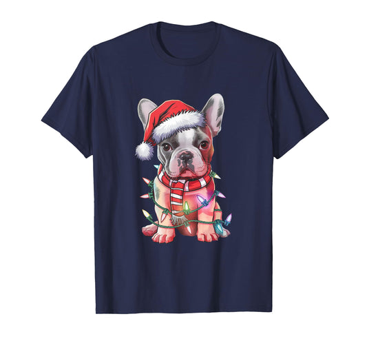 Christmas Lights French Bulldog Santa Hat Funny Dog Xmas Men Women Kids T-Shirt