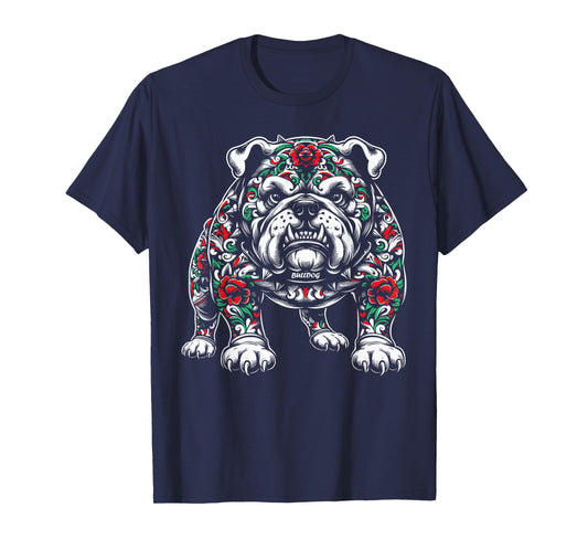 Bulldog Floral Red Rose Mens Womens T-Shirt