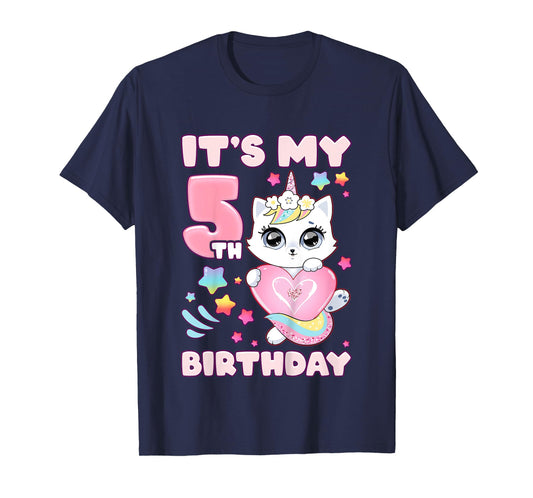 Birthday girl 5 years old, cat, unicorn, 5th birthday T-Shirt