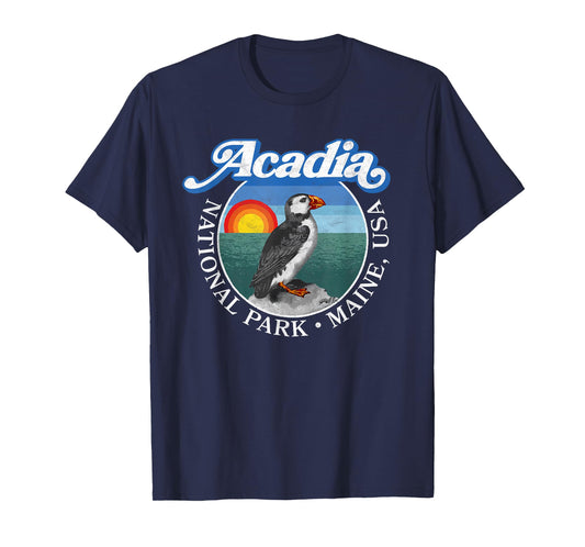Retro Acadia National Park Vintage Maine Puffin Graphic T-Shirt