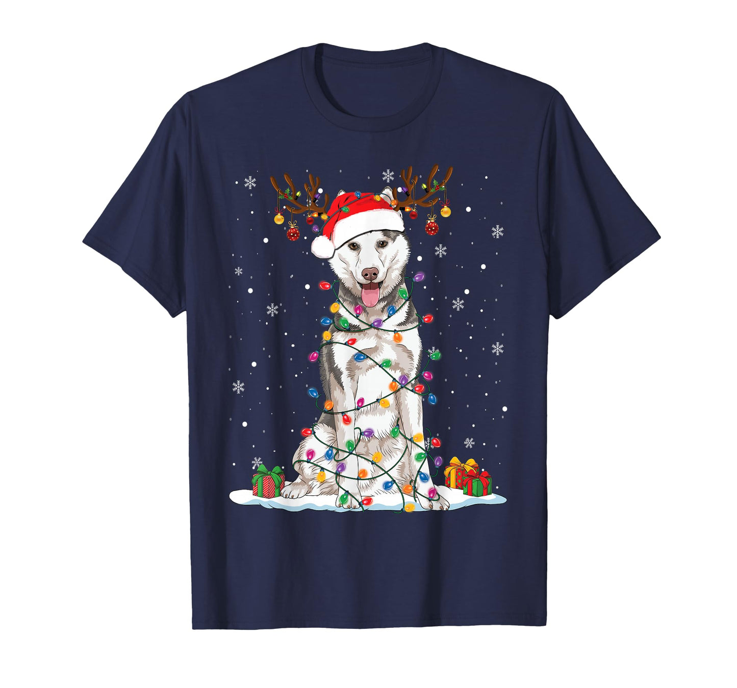 Funny Husky Dog Tree Christmas Lights Xmas Pajama T-Shirt for Men Women Kids
