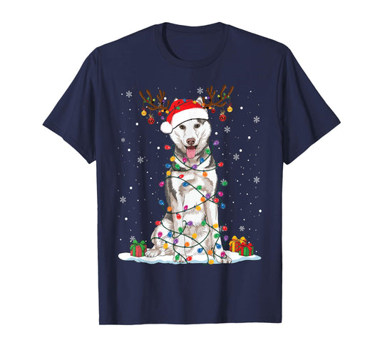 Funny Husky Dog Tree Christmas Lights Xmas Pajama T-Shirt for Men Women Kids