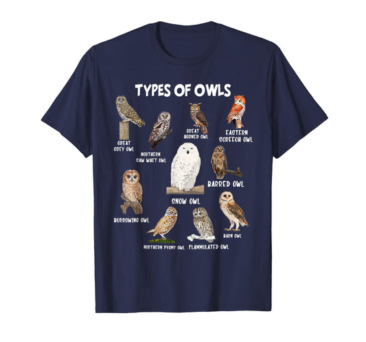 Types of Owls Educational Gift Cute Owl Lovers Funny T-Shirt - Black, Unisex-Adult, Short Sleeve, Classic Fit, Crew Neck, Graphic Tee, Size: Small