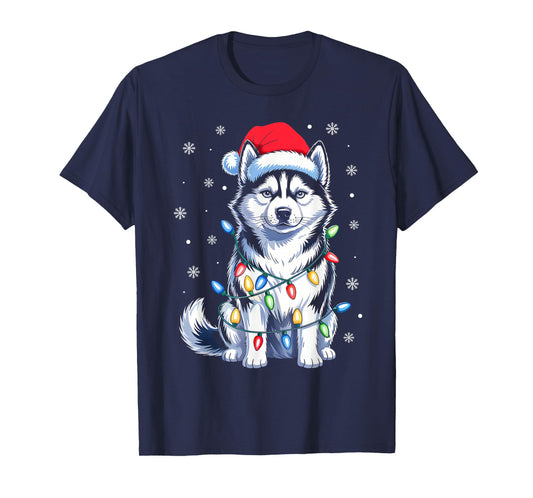 Husky Dog Christmas Lights Santa Hat Family Xmas Pajamas T-Shirt
