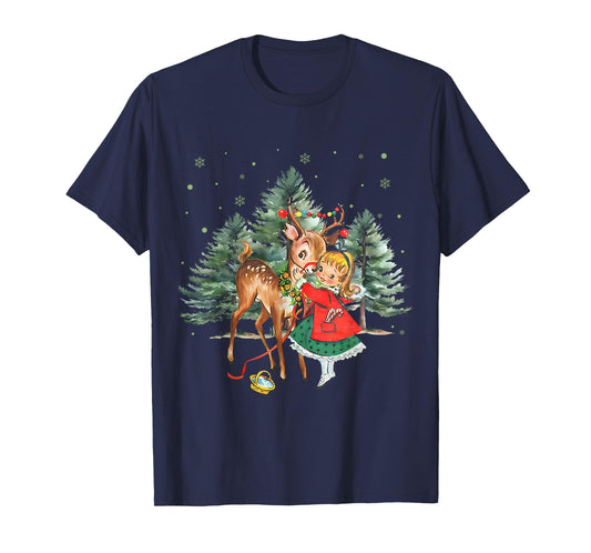 Vintage Girl and Reindeer Retro 1950's Christmas T-Shirt