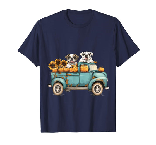 Cute Autumn English Bulldogs Pumpkins Sunflowers Fall Dogs T-Shirt