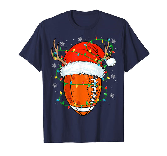 Santa Football Ball Xmas Lights Christmas Football Player T-Shirt