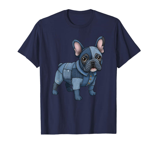 French Bulldog Pattern Patchwork Art Denim Frenchie Dog T-Shirt
