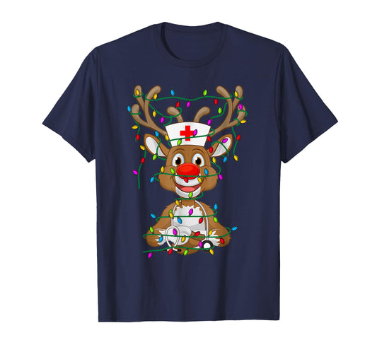 Christmas Light Reindeer Scrubs Rubber Gloves Nurses Gifts T-Shirt