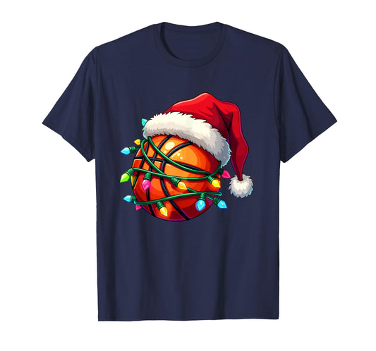 Funny Basketball Santa Hat Family Pajamas Christmas Lights T-Shirt