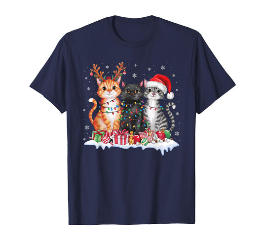 Santa Cat Christmas Light Reindeer Pajama Cat Lover T-Shirt for Men Women Kids