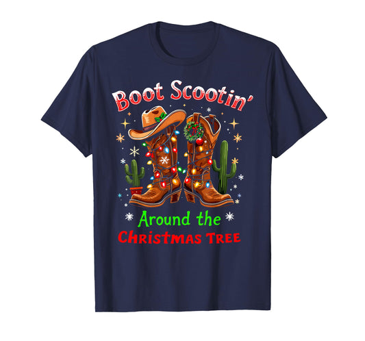Funny Christmas New Year Xmas Party Christmas Eve Boot Scootin' Around the Christmas Tree Lights Cowboy Tee T-Shirt - Black, Small, Short Sleeve, Crew Neck, Western Style, Casual, Unisex-Adults/Kids