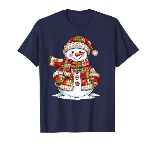 Cute Patchwork Snowman Merry Christmas Xmas Holiday Pajamas T-Shirt
