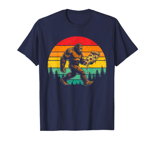 Funny Sasquatch Pizza Lover Retro Sun T-Shirt