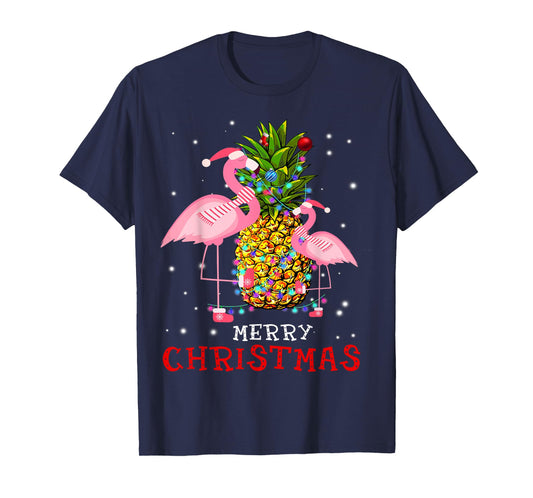 Flamingo Christmas Tree Pineapple Xmas Light Merry Christmas T-Shirt