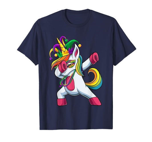 Dabbing Unicorn Jester Mardi Gras Shirt, Kids Girls T-Shirt