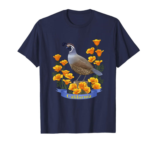 California Valley Quail State Bird & Golden Poppy Flowers T-Shirt