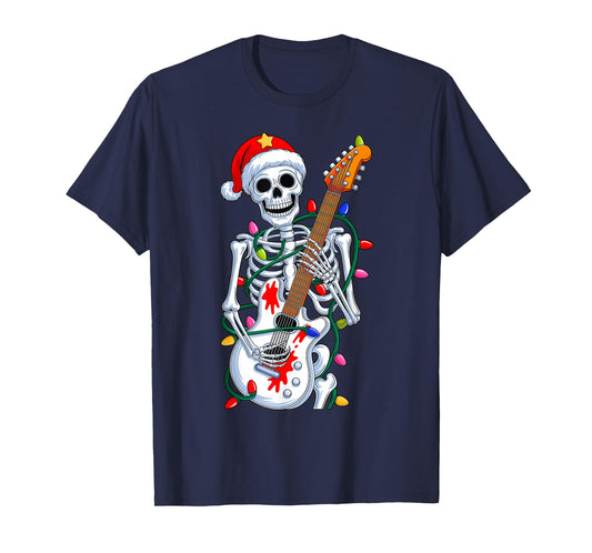 Christmas Rocker Skeleton Santa Rock Hand Xmas Men Boys Kids T-Shirt