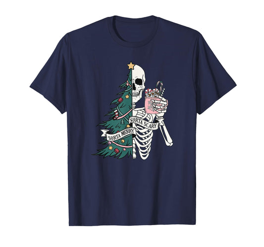 Funny Christmas Sorta Merry Sorta Scary Skeleton Xmas Tree T-Shirt