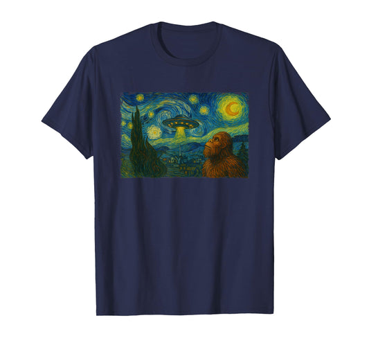 Starry Night UFO Bigfoot Funny Sci-Fi Van Gogh Painting T-Shirt