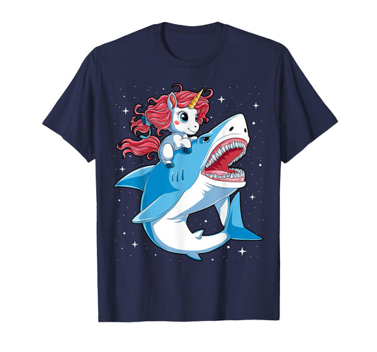 Unicorn Riding Shark T shirt Boys Kids Space Galaxy Gifts T-Shirt
