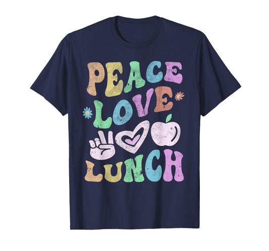 Vintage PEACE LOVE LUNCH LADY Retro Cafeteria Groovy Crew T-Shirt