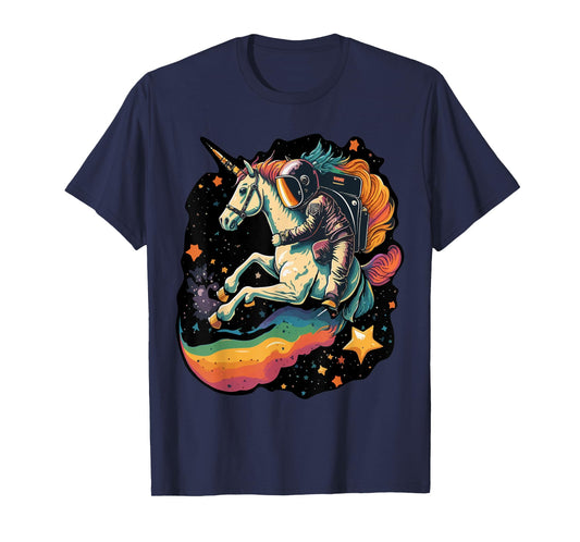 Cool Astronaut Spaceman Riding A Rainbow Unicorn In Space T-Shirt