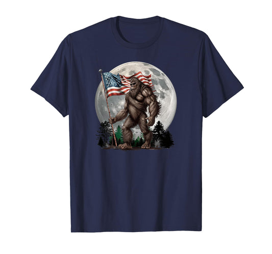 Bigfoot Sasquatch - American Flag Full Moon Patriotic T-Shirt