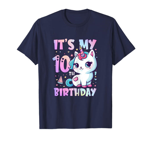 10th Birthday Shirt Girls 10 Year Old Cat Unicorn Birthday T-Shirt