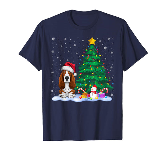 Basset Hound Dog Xmas Tree Lights Reindeer Hat Christmas T-Shirt for Men Women Kids