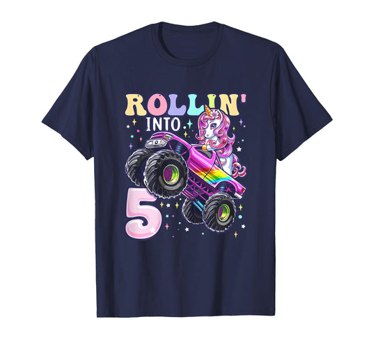 Unicorn Monster Truck 5th Birthday 5 Year Old Girls Party T-Shirt