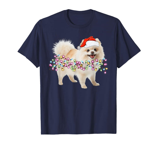 Cute Pomeranian Santa Christmas Tree Lights Unisex-Families, Kids, and Cartoon Lovers Black T-Shirt Small Classic Fit Short Sleeve