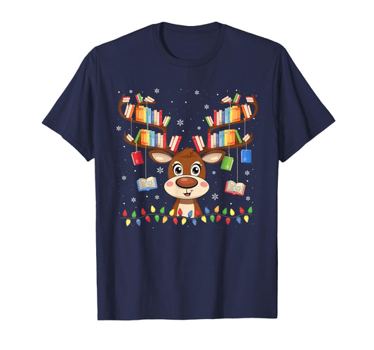 Christmas Librarian Reindeer Matching Family Book Lover Xmas T-Shirt