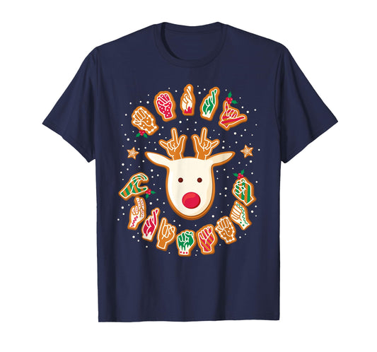 Gingerbread ASL Deaf Signing ASL Christmas T-Shirt - Unisex-Adults, Unisex-Kids - Black - Small - Short Sleeve - Modern Festive Casual - Reindeer, Gingerbread Hands - Christmas
