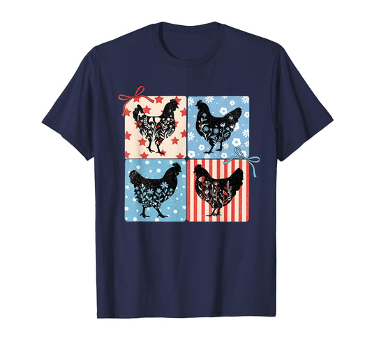 Happy 4th Of July Floral Chicken Flowers Patriotic USA Flag T-Shirt