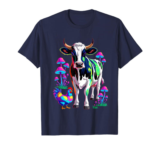 Psychedelic Cow Chicken Mushrooms Farm Animal Art T-Shirt