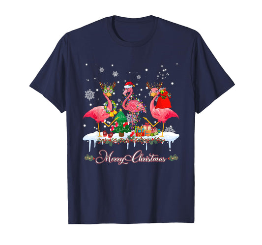 Merry Christmas Hat Santa Flamingo Light Christmas Snow T-Shirt