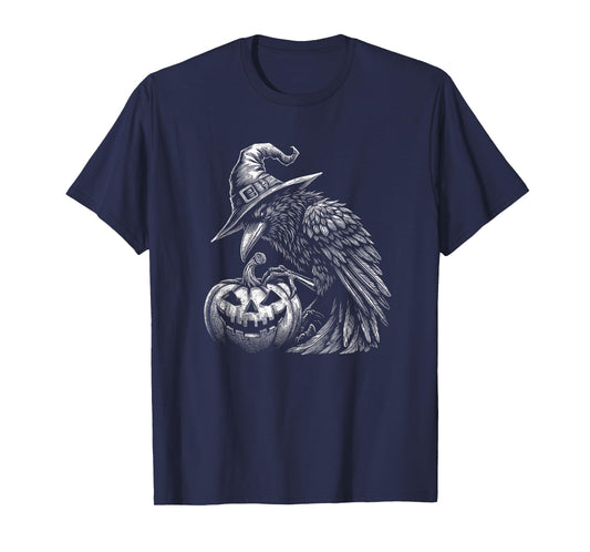 Goth Halloween Raven With Wizard Hat Art Crow Design T-Shirt