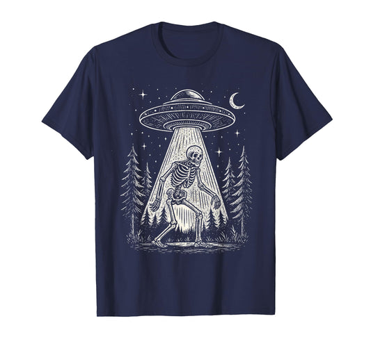 Skeleton and UFO Alien Halloween T-Shirt