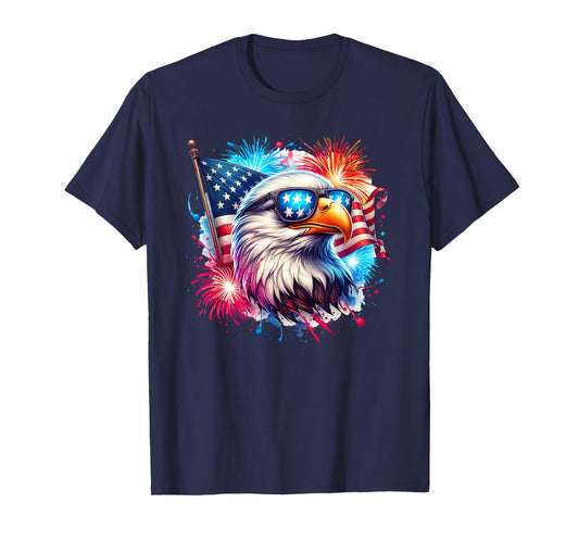 July 4th Patriotic Bald Eagle USA American Flag Fireworks T-Shirt