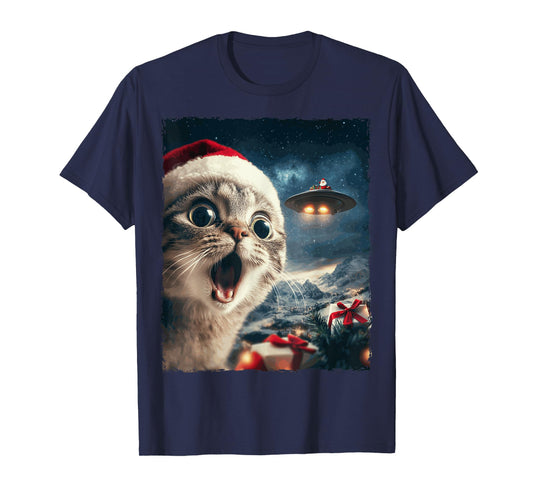 Funny Cat Selfie Santa Ufo Xmas Christmas Men Women Kids T-Shirt