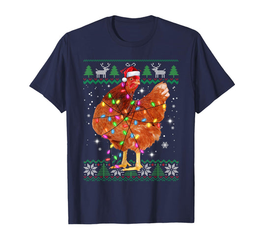 Ugly Christmas Chicken Santa Hat Lights Sweater Xmas T-Shirt