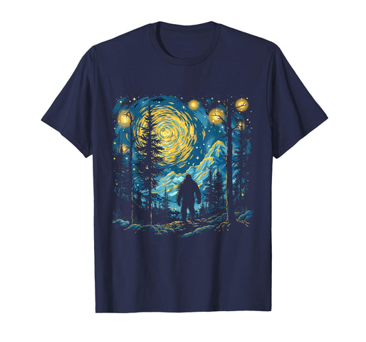 Funny Bigfoot Starry Night Sasquatch Van Gogh Sky Painting T-Shirt