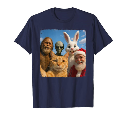 Cat Bigfoot Easter Bunny Alien Santa Selfie BFF Funny Photo T-Shirt for Men Women Kids