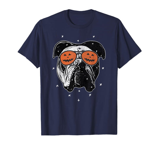 English Dog Wearing Pumpkin Sunglasses | Halloween Bulldog T-Shirt for Men Women Kids