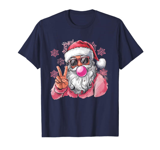Retro Santa Christmas Blowing Bubble Pink Santa Xmas Funny T-Shirt