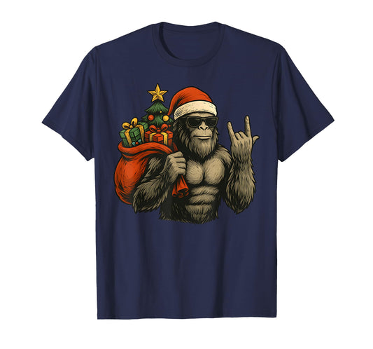 Bigfoot Santa Christmas Tree Rock On Funny Xmas Sasquatch T-Shirt