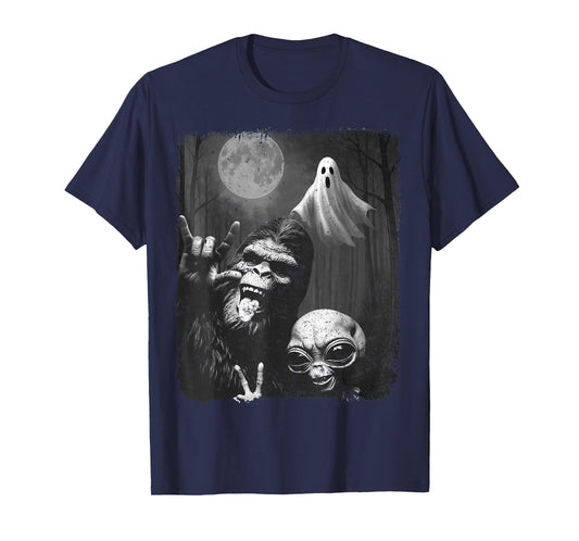 Funny Sasquatch & Alien Rock On Hand Sign Ghost Selfie T-Shirt